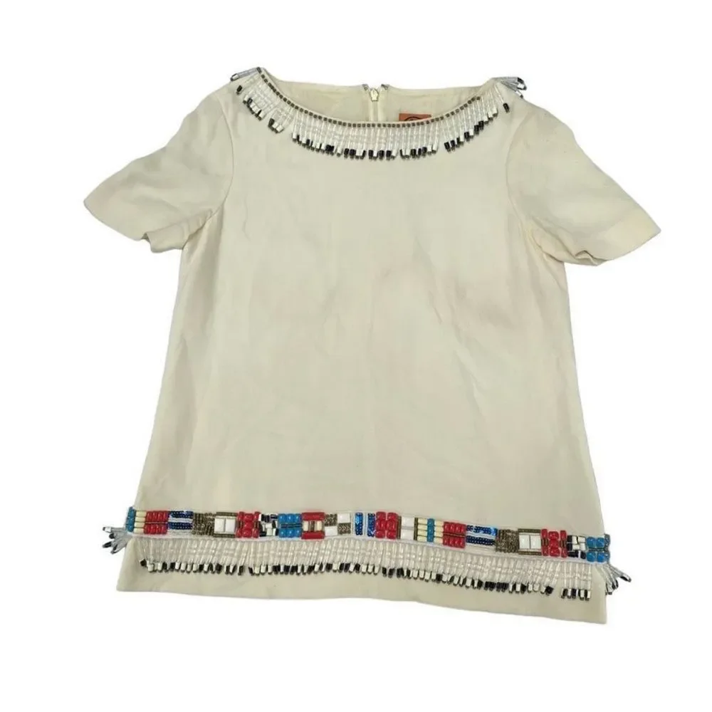 Tory Burch Jace cream blouse with multicolored beads western Aztec vintage Size4 - Picture 4 of 14